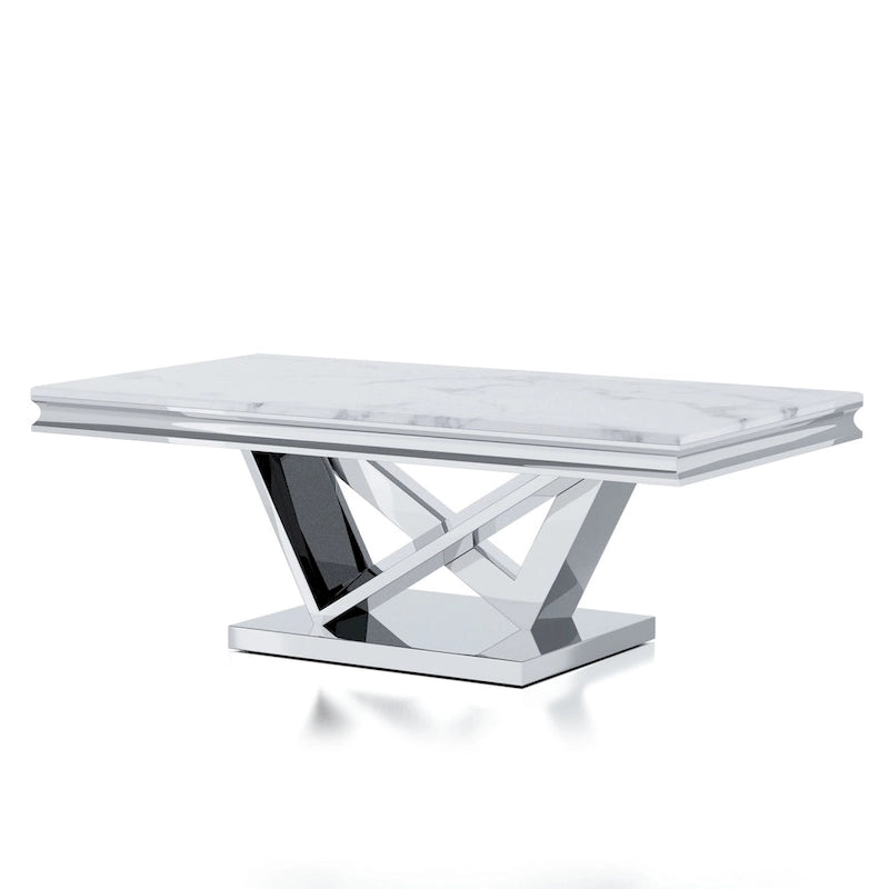 Table basse Kaliki Glam de 51 po avec dessus en faux marbre et base piédestal chromée par Furniture of America