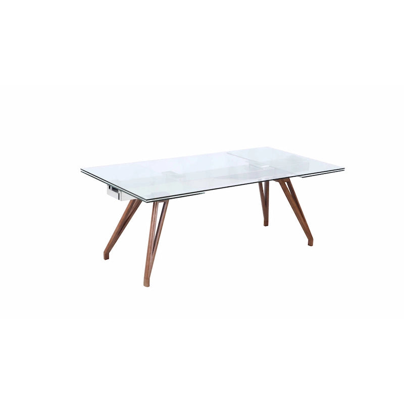 Table à manger moderne Somette avec plateau en verre extensible et pieds en bois massif