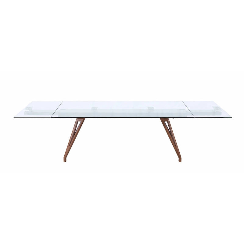 Table à manger moderne Somette avec plateau en verre extensible et pieds en bois massif