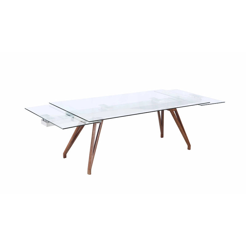 Table à manger moderne Somette avec plateau en verre extensible et pieds en bois massif