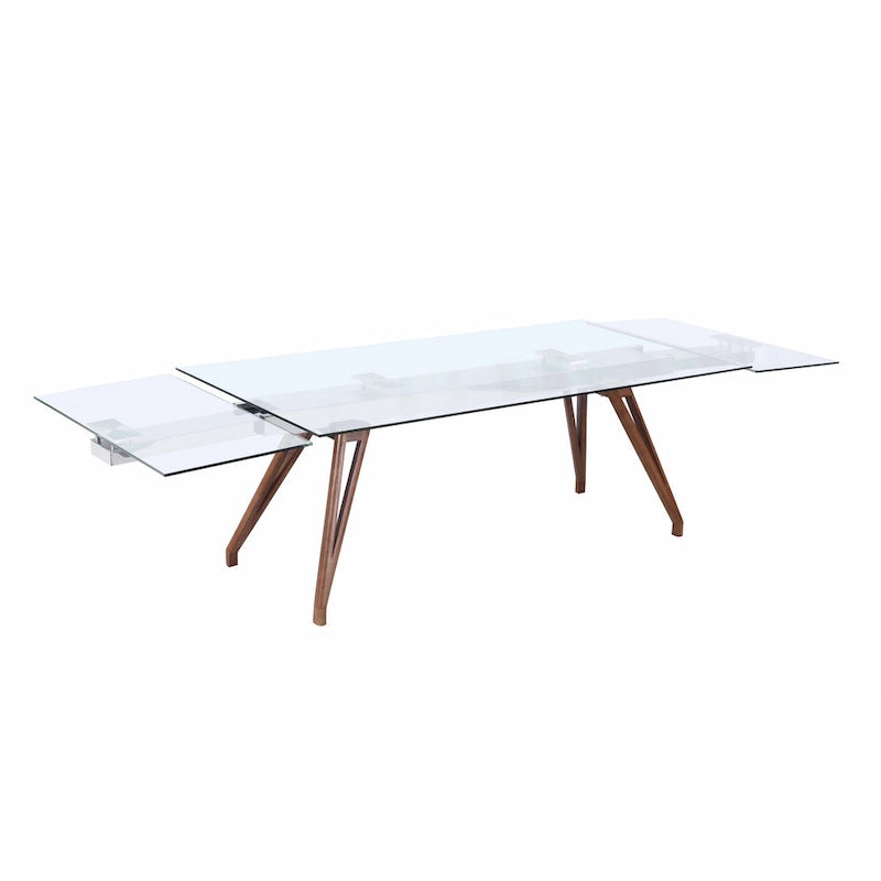 Table à manger moderne Somette avec plateau en verre extensible et pieds en bois massif