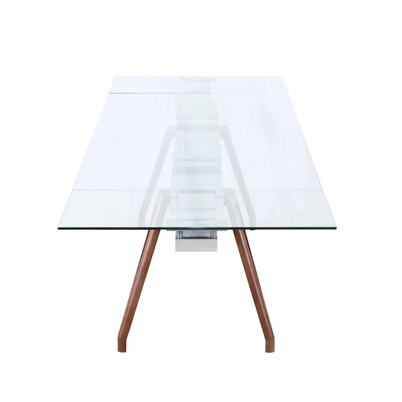 Table à manger moderne Somette avec plateau en verre extensible et pieds en bois massif