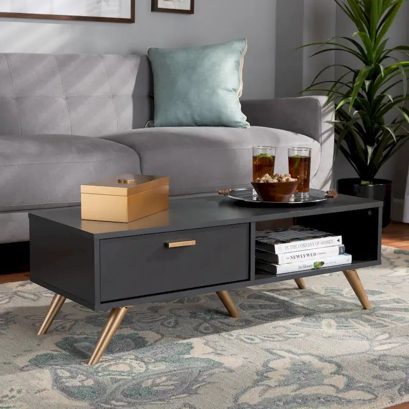 Table basse Kelson en bois gris foncé et doré