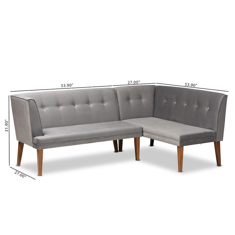 Ensemble de banquette d'angle repas Stewart Mid-Century en velours (2 pièces) - Gris