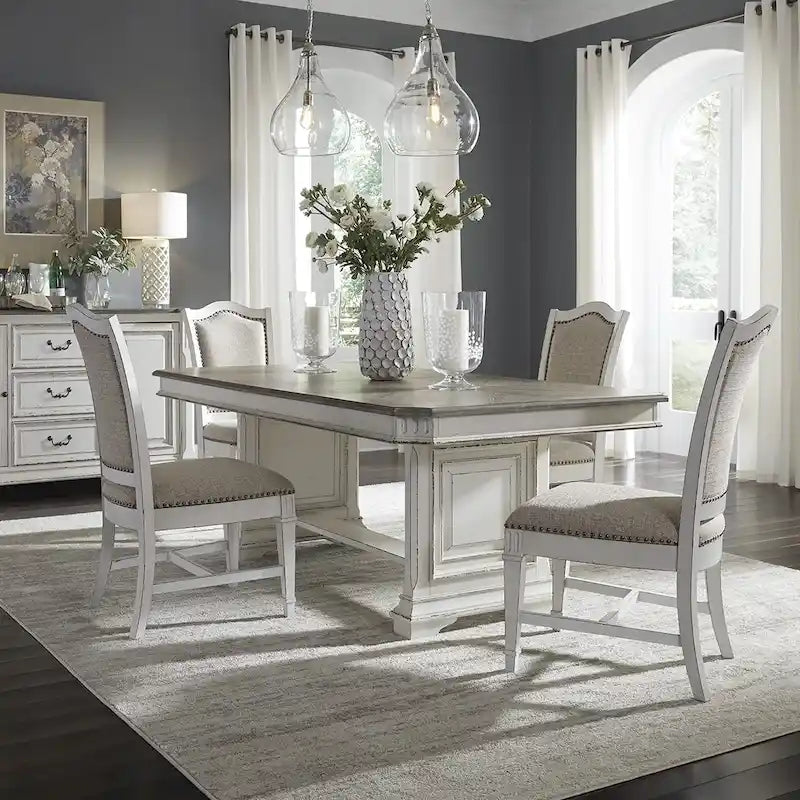 Ensemble de 5 pièces avec table à tréteaux Abbey Park brun vieilli et blanc antique