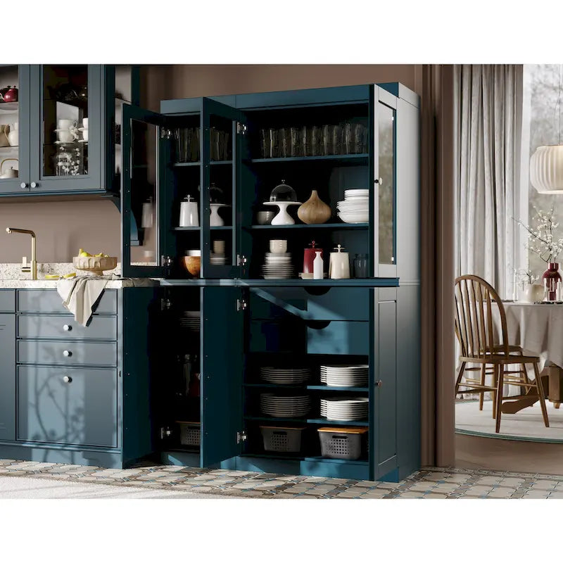 Palace Imports Garde-manger chinois 100 % en bois massif avec portes en verre ou en bois massif et 2 tiroirs - 48,5 x 71,5