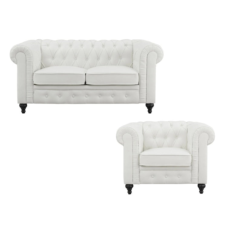 Collection Élégance Chesterfield : Causeuse et fauteuil d'appoint à accoudoirs roulés pour salon, bureau, réception