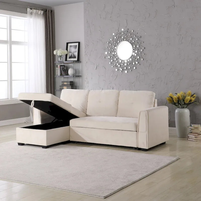 Canapé sectionnel de rangement réversible en velours large de 91 po avec lit et méridienne