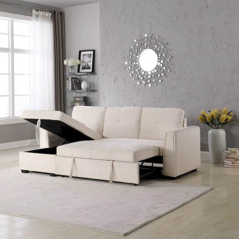 Canapé sectionnel de rangement réversible en velours large de 91 po avec lit et méridienne