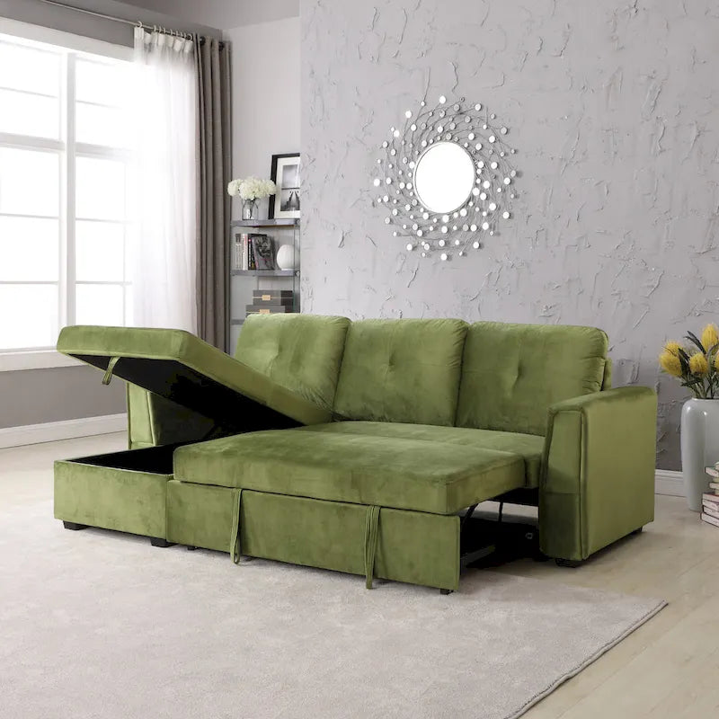 Canapé sectionnel de rangement réversible en velours large de 91 po avec lit et méridienne