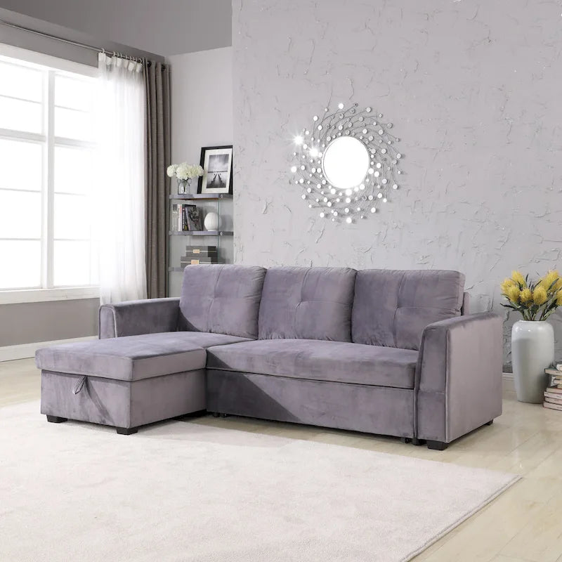 Canapé sectionnel de rangement réversible en velours large de 91 po avec lit et méridienne