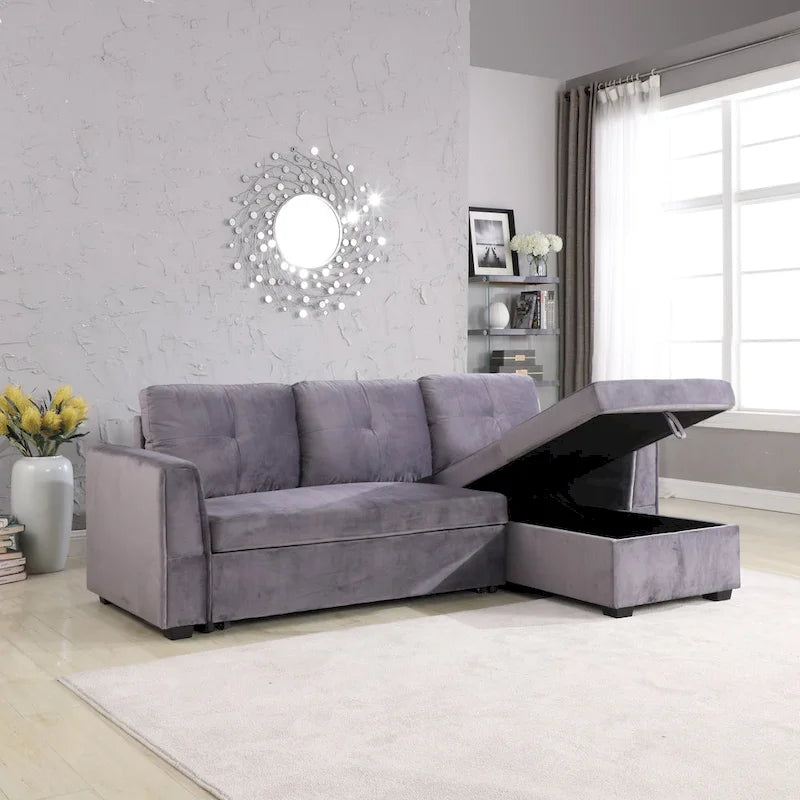 Canapé sectionnel de rangement réversible en velours large de 91 po avec lit et méridienne