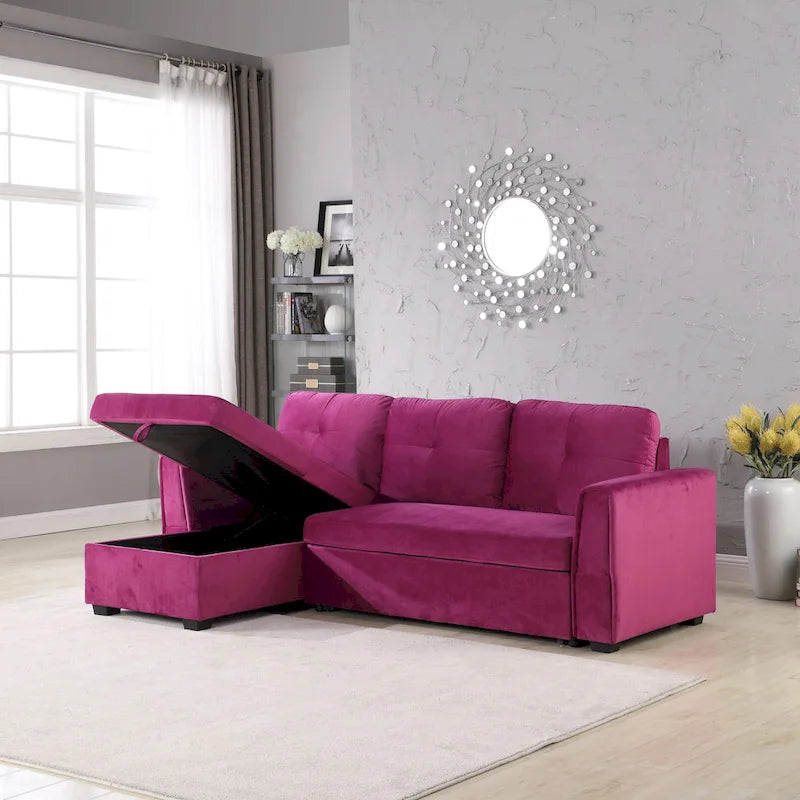 Canapé sectionnel de rangement réversible en velours large de 91 po avec lit et méridienne