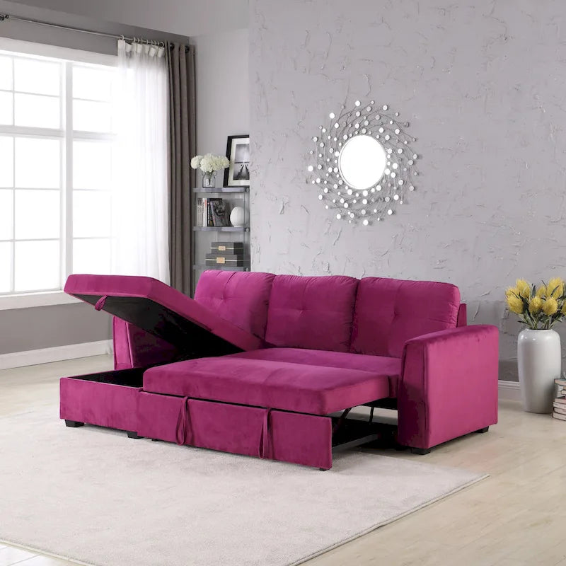 Canapé sectionnel de rangement réversible en velours large de 91 po avec lit et méridienne