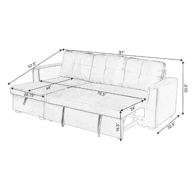 Canapé sectionnel de rangement réversible en velours large de 91 po avec lit et méridienne