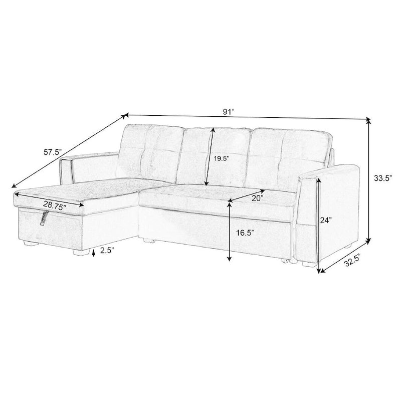 Canapé sectionnel de rangement réversible en velours large de 91 po avec lit et méridienne