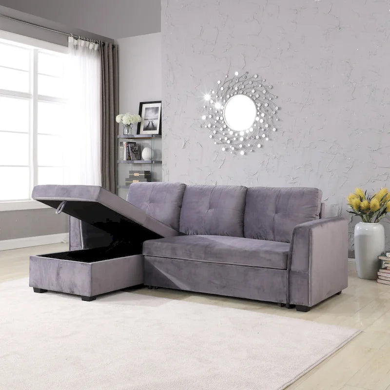Canapé sectionnel de rangement réversible en velours large de 91 po avec lit et méridienne