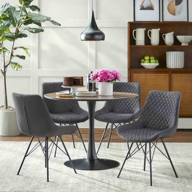 angelo:Ensemble de salle à manger rond 5 pièces en velours Kavitt, style moderne du milieu du siècle