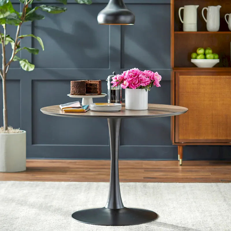 angelo:Ensemble de salle à manger rond 5 pièces en velours Kavitt, style moderne du milieu du siècle