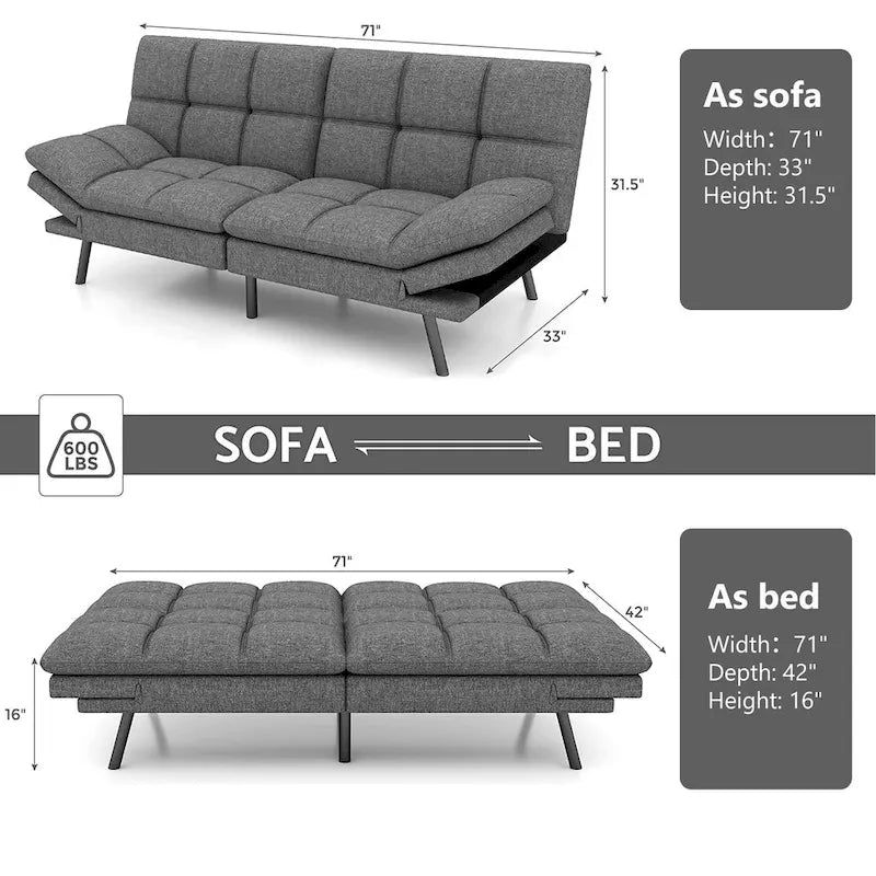 Futon moderne en lin avec mousse à mémoire de forme et accoudoirs réglables