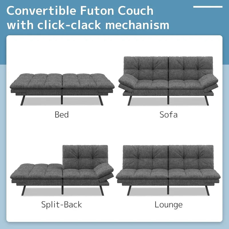 Futon moderne en lin avec mousse à mémoire de forme et accoudoirs réglables