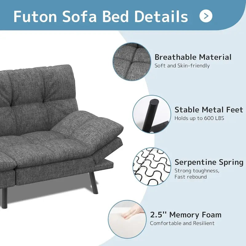 Futon moderne en lin avec mousse à mémoire de forme et accoudoirs réglables