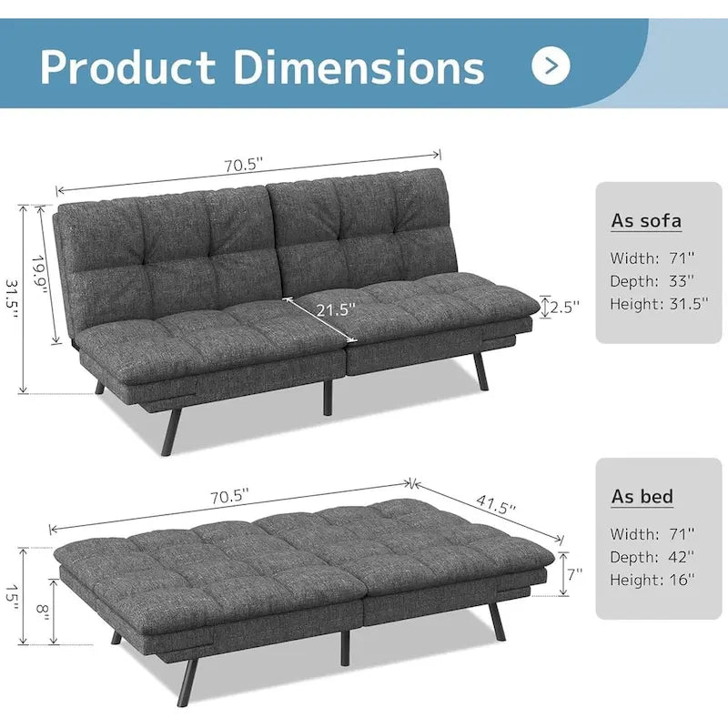 Futon moderne en lin avec mousse à mémoire de forme et accoudoirs réglables