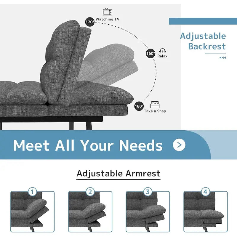 Futon moderne en lin avec mousse à mémoire de forme et accoudoirs réglables