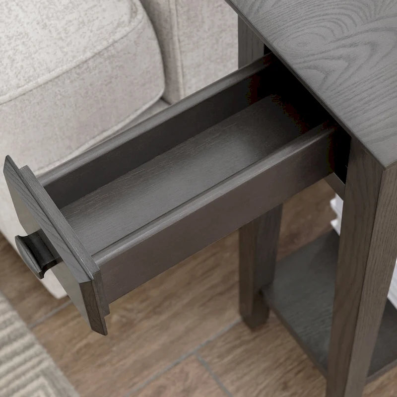 Table d'appoint étroite Teegan en bois massif avec étagère et tiroir