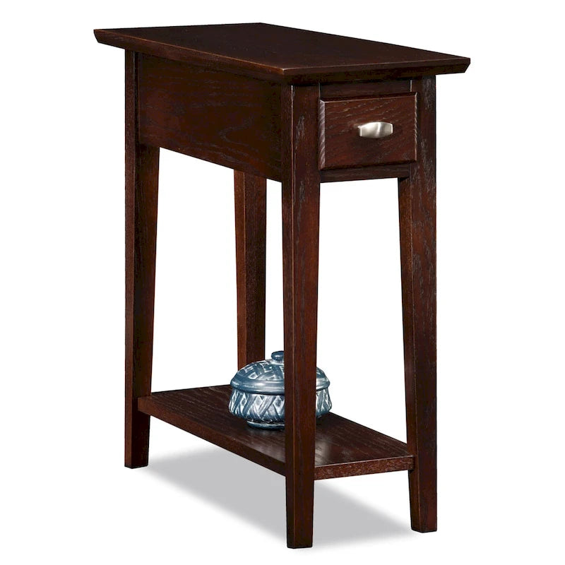 Table d'appoint étroite Teegan en bois massif avec étagère et tiroir