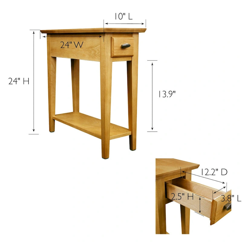 Table d'appoint étroite Teegan en bois massif avec étagère et tiroir