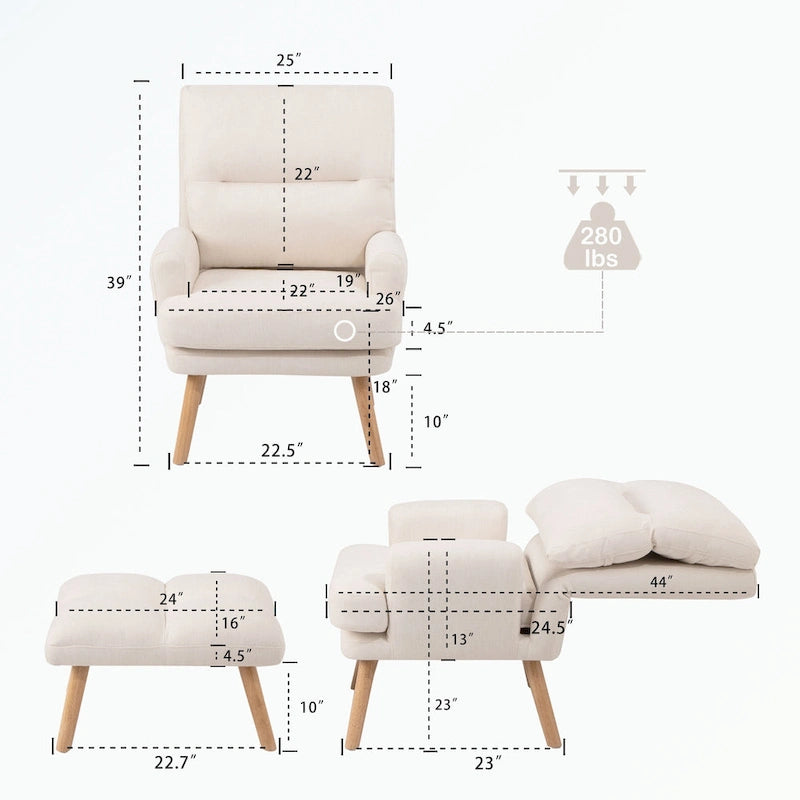 Fauteuil d'appoint et son pouf, avec dossier réglable