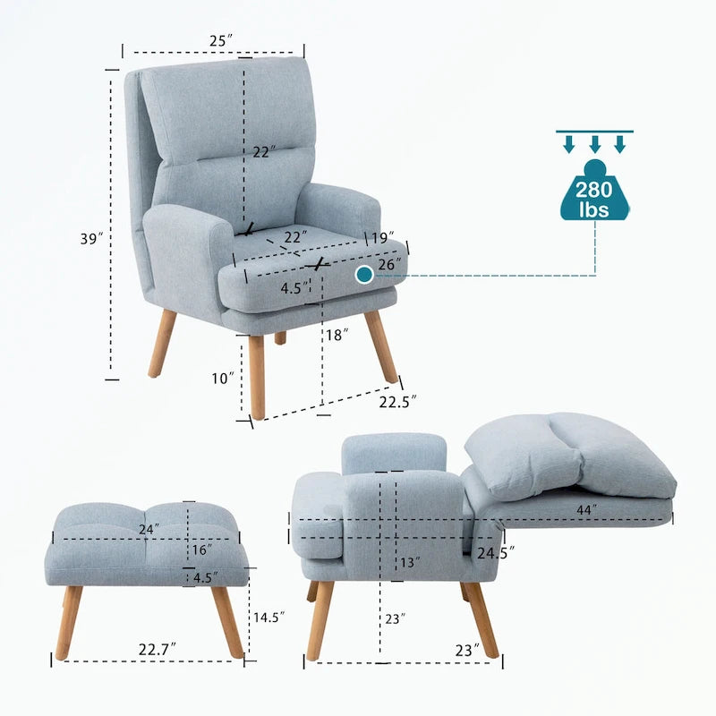 Fauteuil d'appoint et son pouf, avec dossier réglable