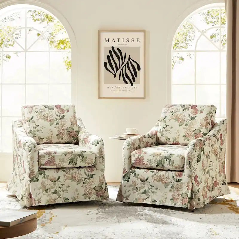 Fauteuil pivotant Alois Floral Slipcover avec coussin amovible, lot de 2, par HULALA HOME