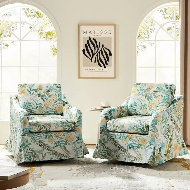 Fauteuil pivotant Alois Floral Slipcover avec coussin amovible, lot de 2, par HULALA HOME