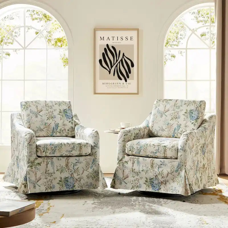 Fauteuil pivotant Alois Floral Slipcover avec coussin amovible, lot de 2, par HULALA HOME