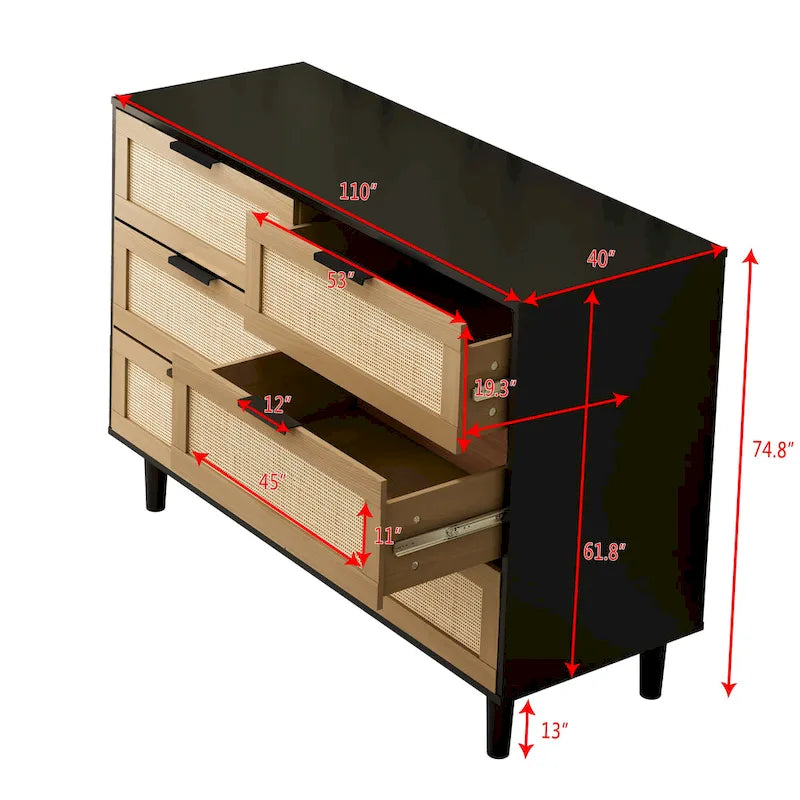 Commode à 6 tiroirs en rotin, chambre à coucher, salon
