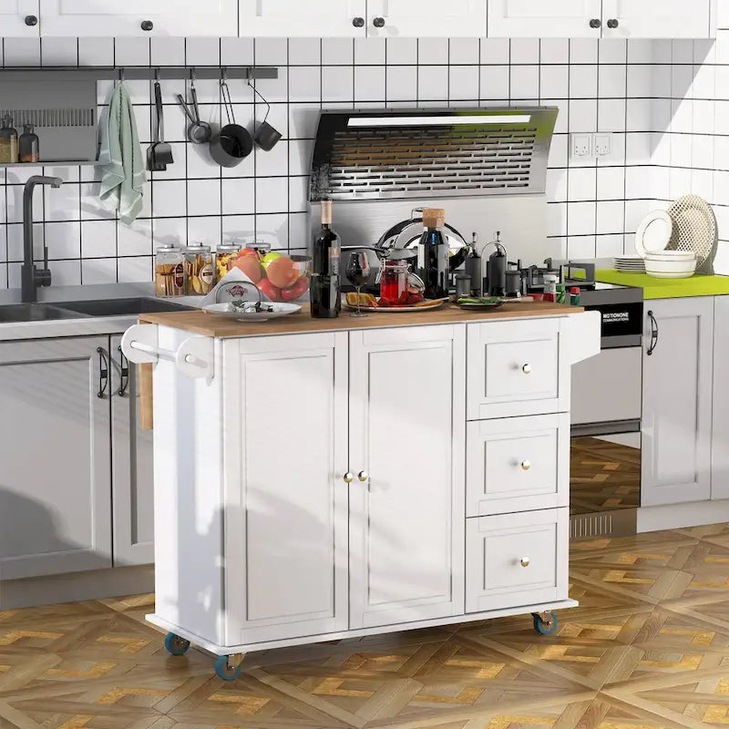HOMCOM Desserte de cuisine roulante avec porte-serviettes/épices, 3 tiroirs, meuble à 2 portes et roulettes verrouillables