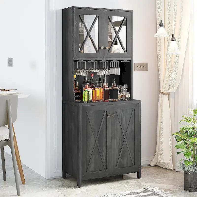 Meuble de Bar de Ferme pour Alcool et Verres pour Salle à Manger Meuble de Cuisine avec Range-Bouteilles