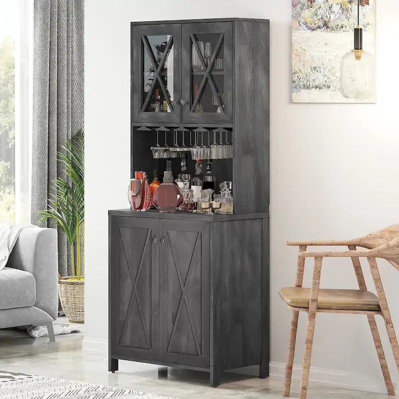 Meuble de Bar de Ferme pour Alcool et Verres pour Salle à Manger Meuble de Cuisine avec Range-Bouteilles