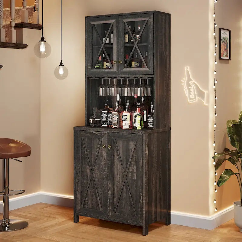 Meuble de Bar de Ferme pour Alcool et Verres pour Salle à Manger Meuble de Cuisine avec Range-Bouteilles