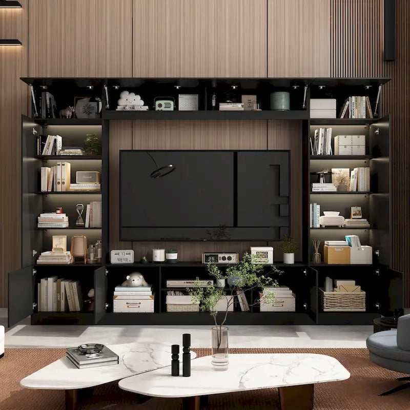 Meuble TV mural avec étagères pour téléviseurs jusqu'à 70 pouces, Console moderne