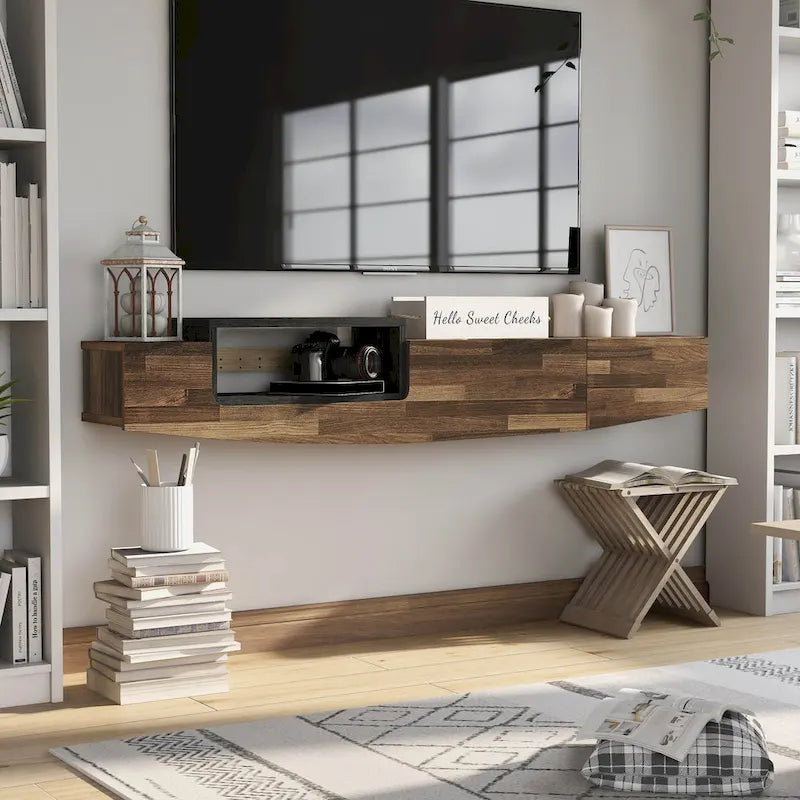 Meuble TV flottant contemporain DH BASIC de 63 po avec 1 tablette, tiroir et espace de rangement à couvercle relevable Denhour