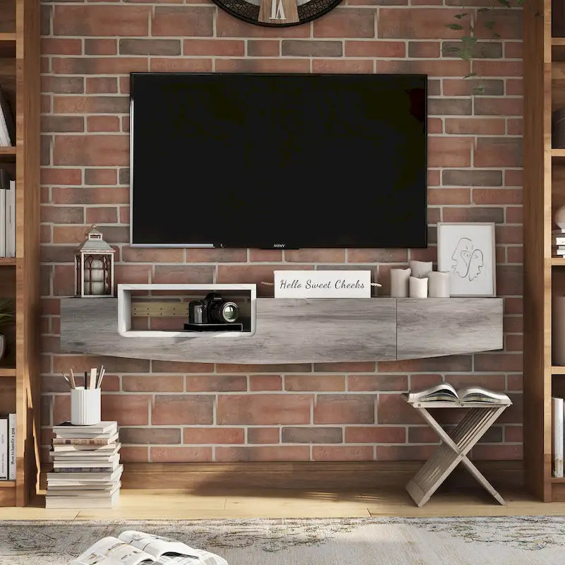 Meuble TV flottant contemporain DH BASIC de 63 po avec 1 tablette, tiroir et espace de rangement à couvercle relevable Denhour