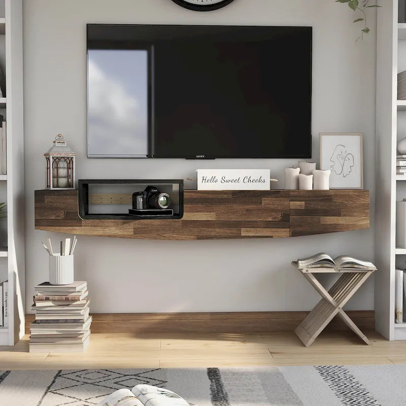 Meuble TV flottant contemporain DH BASIC de 63 po avec 1 tablette, tiroir et espace de rangement à couvercle relevable Denhour