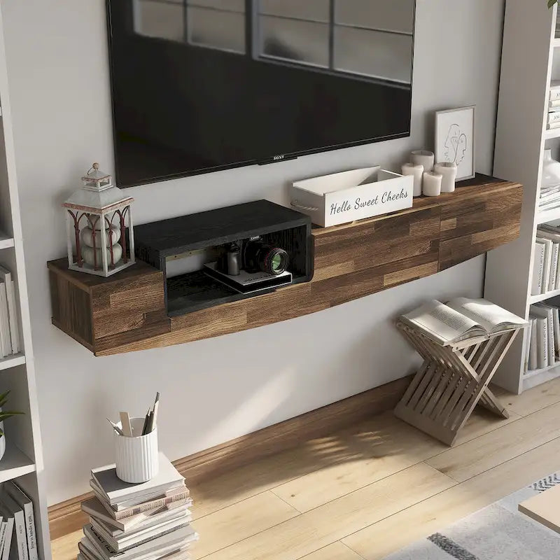 Meuble TV flottant contemporain DH BASIC de 63 po avec 1 tablette, tiroir et espace de rangement à couvercle relevable Denhour