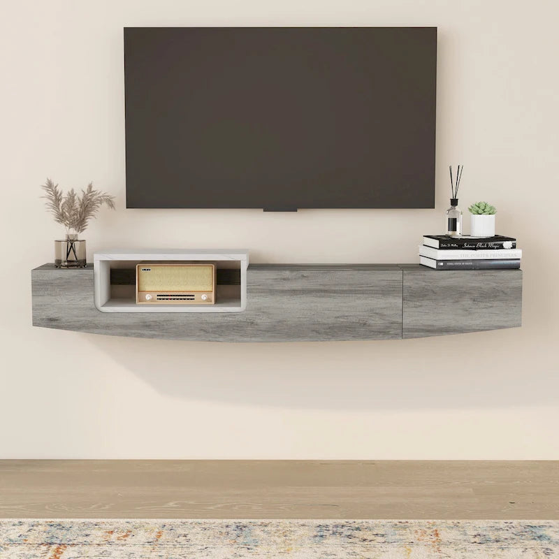 Meuble TV flottant contemporain DH BASIC de 63 po avec 1 tablette, tiroir et espace de rangement à couvercle relevable Denhour