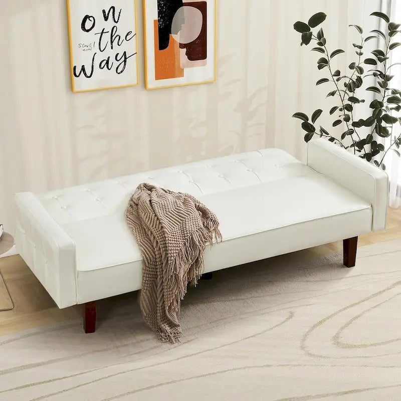 Canapé futon en similicuir, canapé-lit convertible capitonné de style scandinave avec pieds en bois