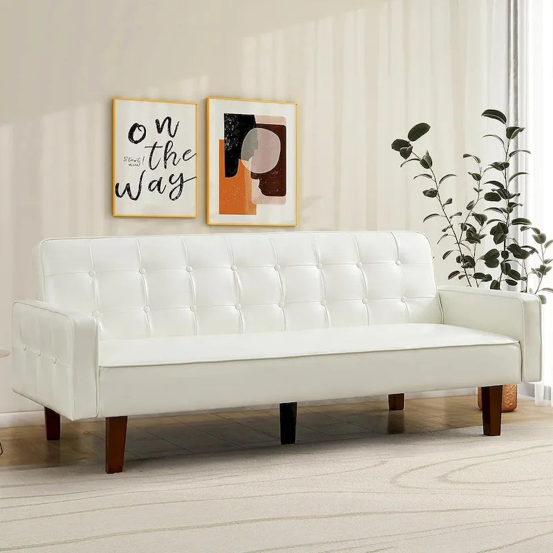 Canapé futon en similicuir, canapé-lit convertible capitonné de style scandinave avec pieds en bois