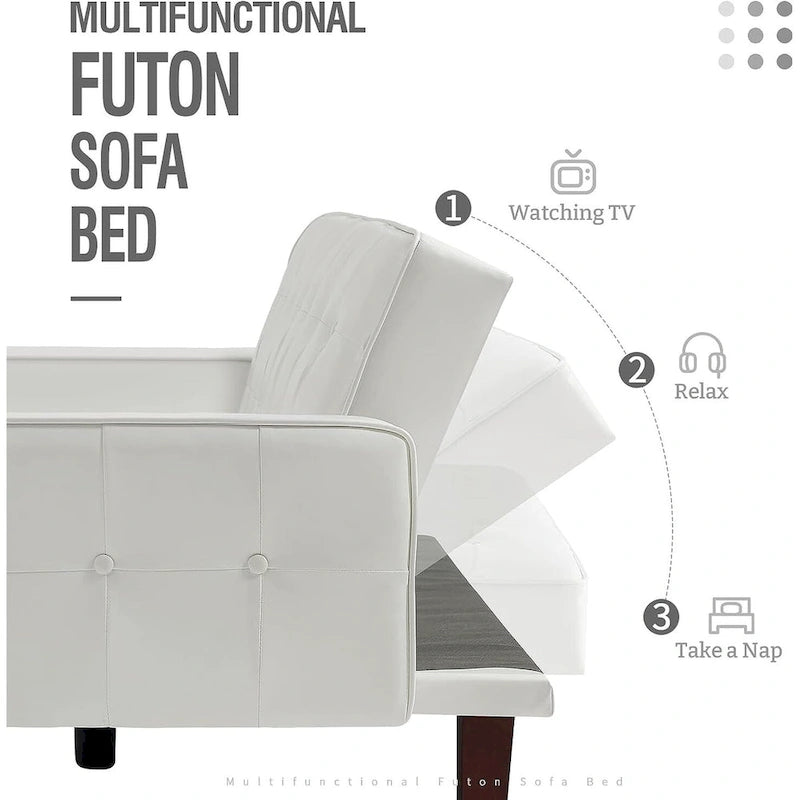 Canapé futon en similicuir, canapé-lit convertible capitonné de style scandinave avec pieds en bois